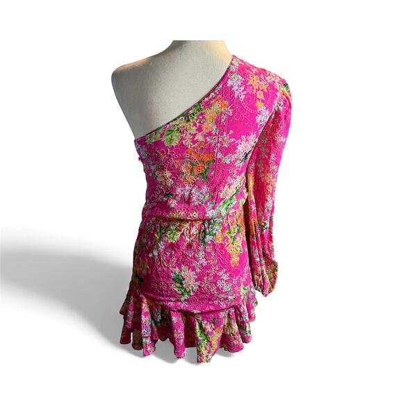 Hemant & Nandita Eyelet Lace Floral One Shoulder Mini Dress, Pink, Size Small - Picture 2 of 8